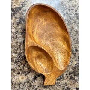 Vintage Philippines Hand Carved Leaf Divided Wood Tray Dish MCM